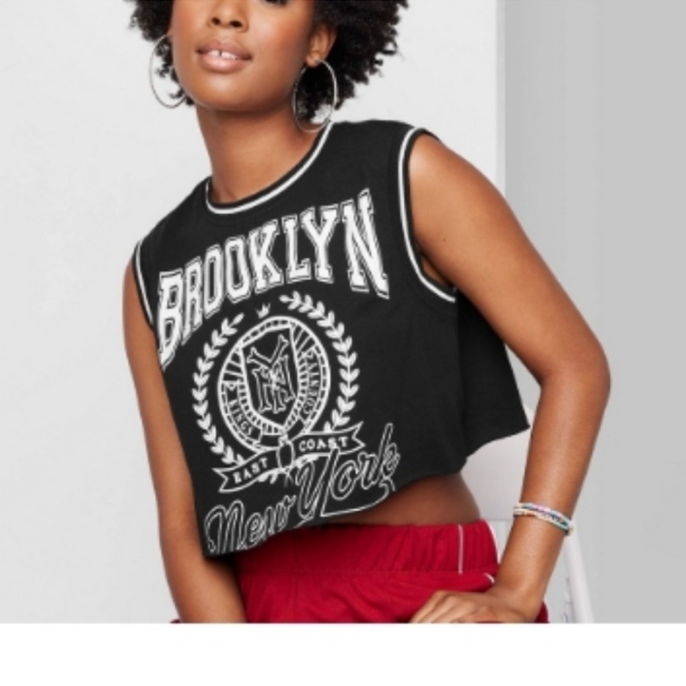 Brooklyn New York Graphic Crop Tank Top - Tee Black Raw Hem Jersey NWT Med
